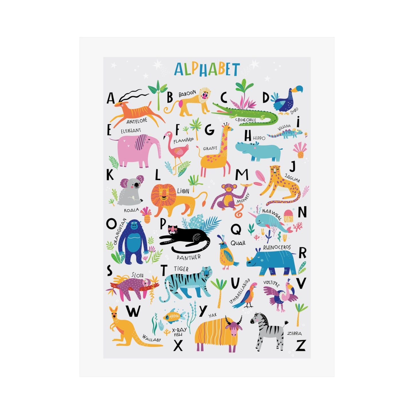 Animal Alphabet Nursery Decor Poster for Boy's Room (Without Frame)