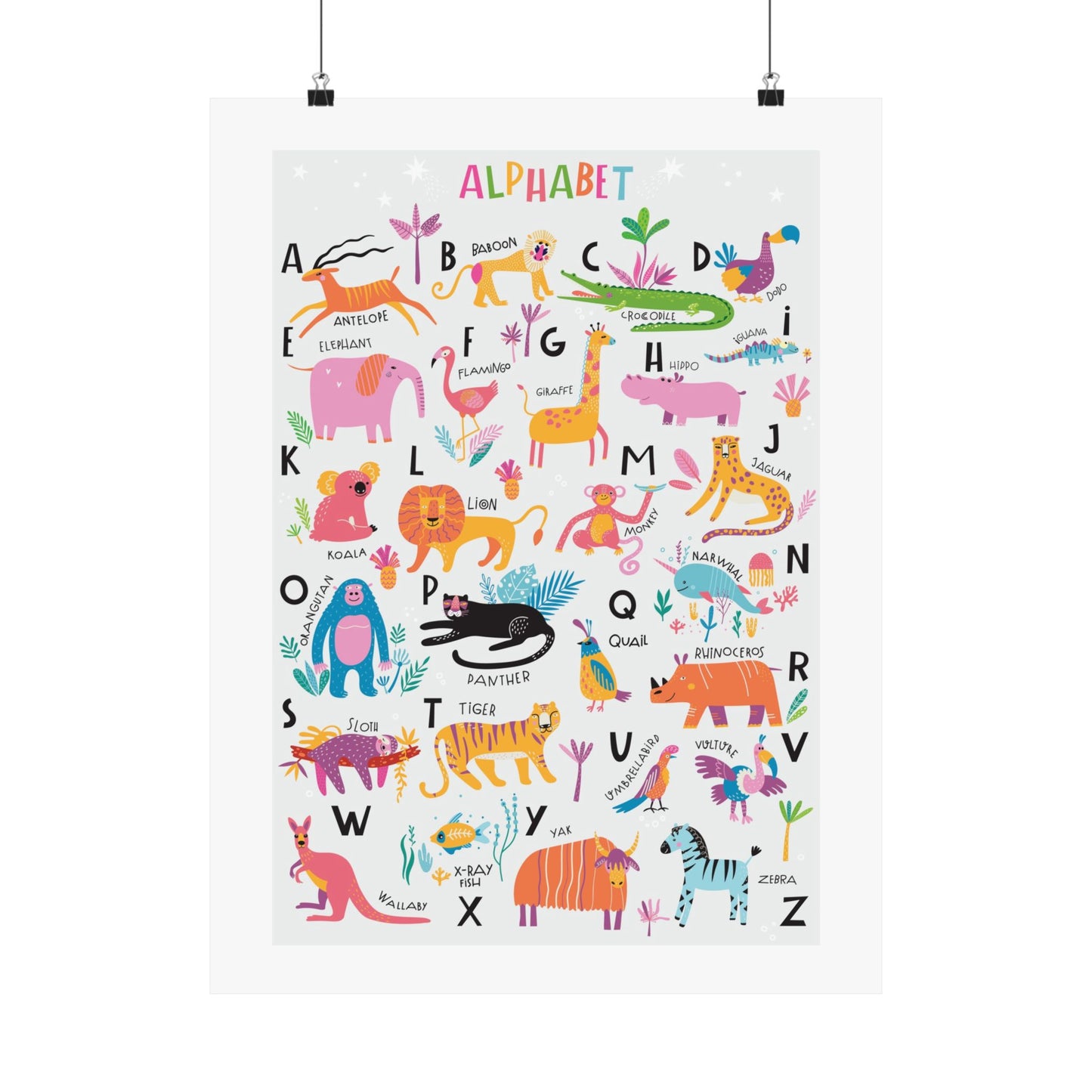 Animal Alphabet Nursery Decor Poster for Girl's Room (Without Frame)