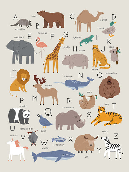 Wilderness Safari Animal Alphabet Poster, ABC Wall Art for Babies and