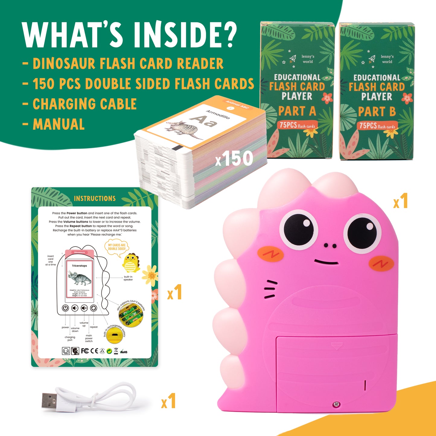 Dinosaur Talking Flash Cards for Kids – Educational Flashcards Reader